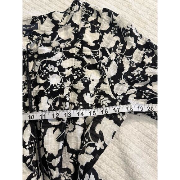 Italian Floral Midi Dress/BLK WHT, Cotton, Puffed 3/4 Sleeve, Waist Tie, Boho‎ L - Picture 2 of 5